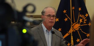 Gov. Mike Braun discussed efforts to bring down energy costs for Hoosiers during a press conference on Monday, March 9. (Photo/Ben Thorp / WFYI)