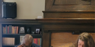 Poet and professor Thomas Kneeland facilitated the first Butler MFA Community Workshop of 2026 featuring 16 adult writers participating, including Tanya Gick, at Indiana Humanities. (Photo/Butler MFA)