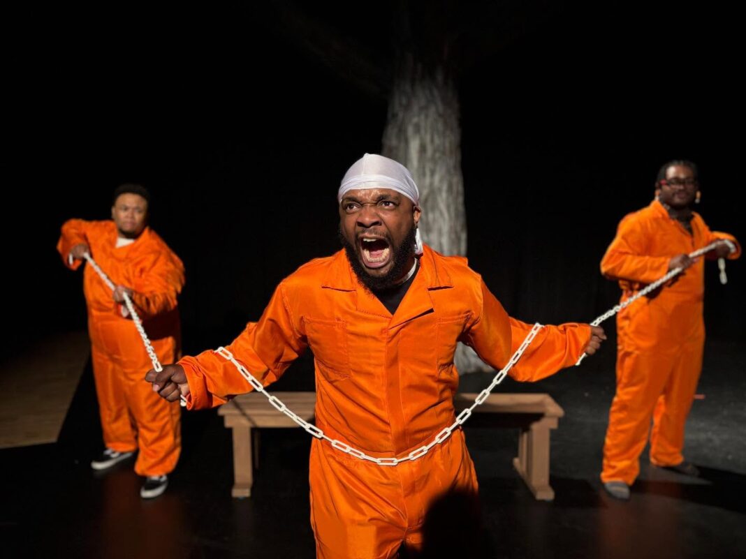 Jay Fuqua, Marcus Elliot and Matt Ball in the Indianapolis Black Theater Company’s production of “Blood at the Root.” (Photo provided/District Theatre)