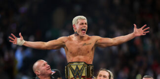 FILE - Cody Rhodes celebrates after winning the Undisputed WWE universal championship match during WrestleMania 40 in Philadelphia, on April 7, 2024. (Monica Herdon/The Philadelphia Inquirer via AP, File)