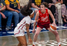 Mystics at Fever WNBA basketball game in Indianapolis in May of 2026.