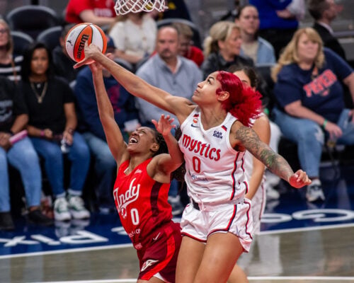 Mystics at Fever WNBA basketball game in Indianapolis in May of 2026.