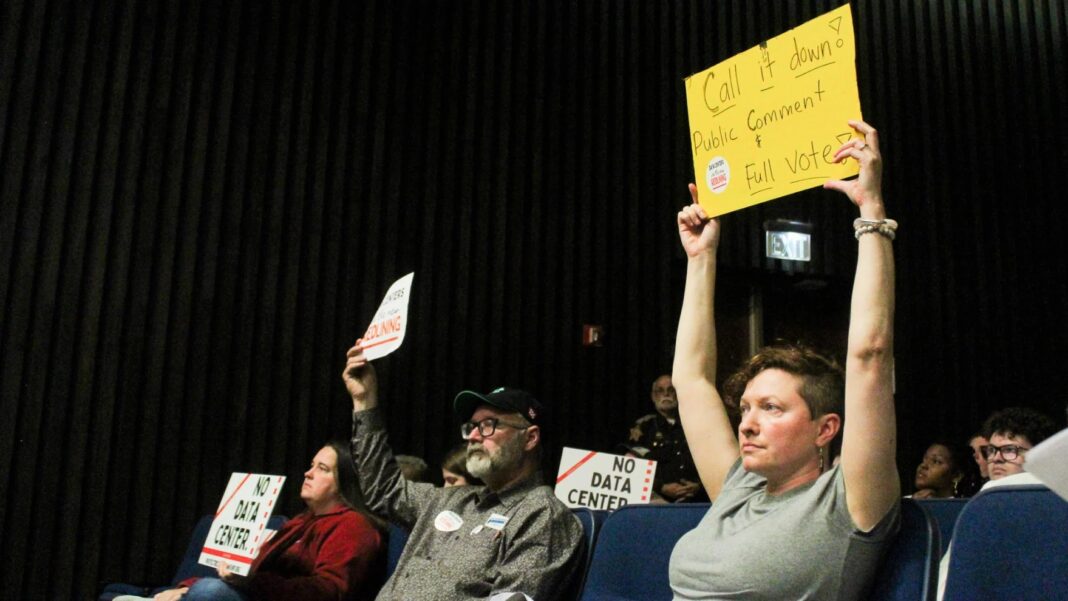 Residents opposed to a proposed data center in Martindale-Brightwood attend a City-County Council meeting Monday, May 4, 2026 where the council approved Metrobloks' rezoning request. (Photo/WFYI)