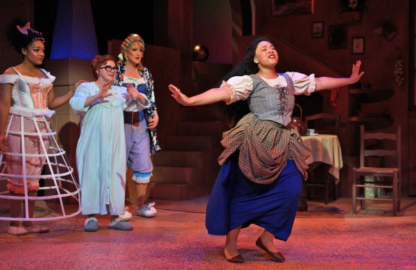 Cinderella (Grace Ellis Solomon), right, dances and sings “A Lovely Night” to her stepmother and stepsisters as she imagines what it must have been like at the ball in Beef & Boards Dinner Theatre’s production of Rodgers & Hammerstein’s Cinderella, now on stage. (Photos/Indy Ghost Light)