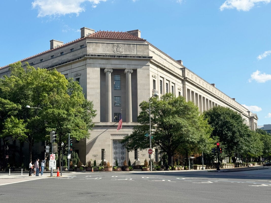 The United States Department of Justice Headquarters in downtown Washington, DC. Panoramic view of the building. The Robert F. Kennedy Department of Justice Building, home to the headquarters of the United States Department of Justice, is located in the heart of Washington, DC. (Photo/Getty Images)