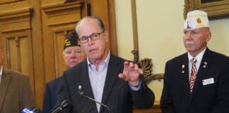 Indiana Gov. Mike Braun speaks at a property tax news conference at the Statehouse on Wednesday, May 27, 2026. (Photo by Leslie Bonilla Muñiz/Indiana Capital Chronicle)