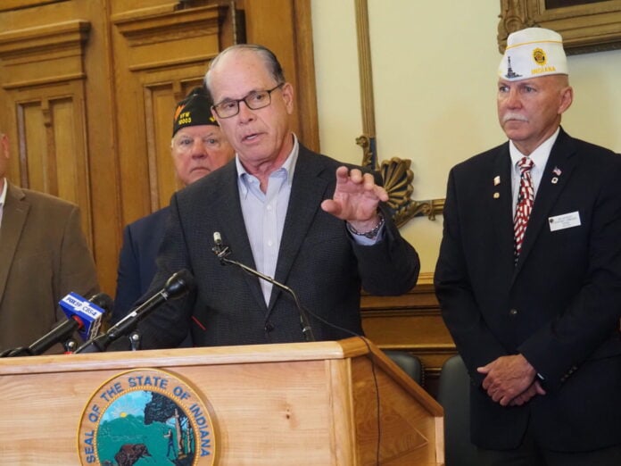 Indiana Gov. Mike Braun speaks at a property tax news conference at the Statehouse on Wednesday, May 27, 2026. (Photo by Leslie Bonilla Muñiz/Indiana Capital Chronicle)