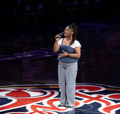 Tiffany Franklin performing the National Anthem before the Indiana Fever's WNBA game against the Chicago Sky, on June 11, 2026, at Gainbridge Fieldhouse, in downtown Indianapolis, Indiana. (Photo/Walt Thomas)
