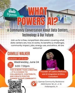 "What Powers AI?" event flyer, happening at Ujamaa Bookstore on June 24, 2026.