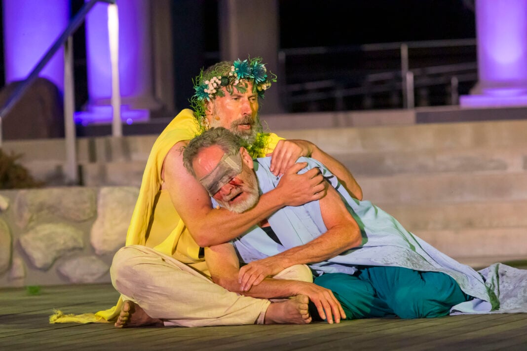 260722_221618_ZR7_9850 King Lear (Ryan Artzberger) and Gloucester (Charles Goad) in Indy Shakes’ production of “King Lear” at Riverside Park. (Photo provided/Indy Shakes)