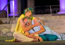 King Lear (Ryan Artzberger) and Gloucester (Charles Goad) in Indy Shakes’ production of “King Lear” at Riverside Park. (Photo provided/Indy Shakes)