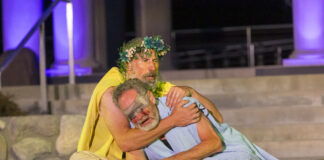 King Lear (Ryan Artzberger) and Gloucester (Charles Goad) in Indy Shakes’ production of “King Lear” at Riverside Park. (Photo provided/Indy Shakes)