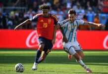 Spain wins the World Cup by beating Argentina 1-0 on Ferran Torres’ goal in extra time East Rutherford, New Jersey, United States – July 19, 2026: Lamine Yamal (L) and Nicolas Tagliafico (R). The Spain national team was crowned world champion after defeating Argentina 1-0 in the 2026 FIFA World Cup grand final. The decisive match was played at the New York/New Jersey Stadium (MetLife Stadium), where the European side managed to secure a narrow victory over La Albiceleste to achieve the ultimate glory in international football. (Photo by Pablo Elias/UNAR AGENCY/Sipa USA)(Sipa via AP Images)