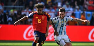 East Rutherford, New Jersey, United States – July 19, 2026: Lamine Yamal (L) and Nicolas Tagliafico (R). The Spain national team was crowned world champion after defeating Argentina 1-0 in the 2026 FIFA World Cup grand final. The decisive match was played at the New York/New Jersey Stadium (MetLife Stadium), where the European side managed to secure a narrow victory over La Albiceleste to achieve the ultimate glory in international football. (Photo by Pablo Elias/UNAR AGENCY/Sipa USA)(Sipa via AP Images)