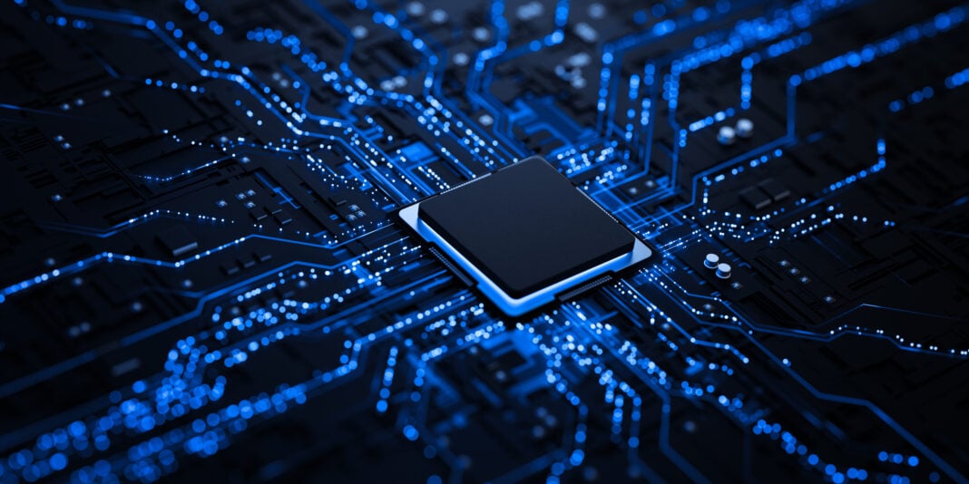 Processor chip on circuit board with copy space for design Processor chip on circuit board with copy space for design.