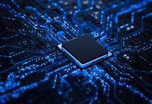 Processor chip on circuit board with copy space for design.