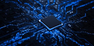 Processor chip on circuit board with copy space for design.