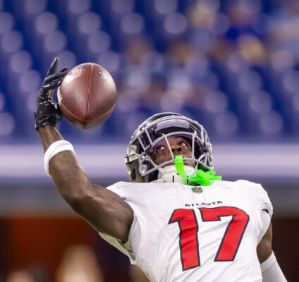 Atlanta Falcons wide receiver Zachariah Branch (#17) reels in a spectacular one-handed catch during preseason action at Lucas Oil Stadium. (Photo/Walt Thomas)