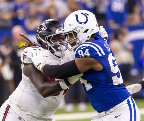 An Indianapolis Colts defensive tackle Tyquan Lewis (94) engages in the trenches with an Atlanta Falcons offensive lineman at Lucas Oil Stadium on Aug. 22, 2026 (Photo/Walt Thomas)