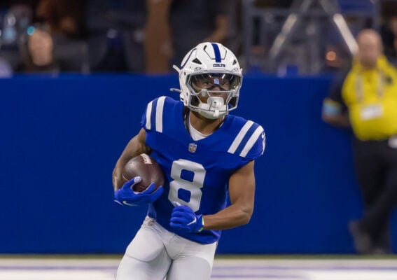 Indianapolis Colts wide receiver Raylen Sharpe (#8) looks for open space after securing the football during the preseason matchup.