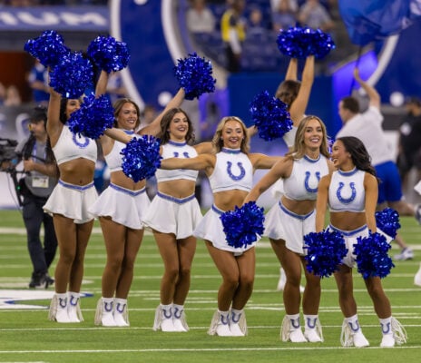 Indianapolis Colts cheerleaders during the NFL preseason matchup against the Detroit Lions, on Aug. 29, 2026, at Lucas Oil Stadium, in Indianapolis, Indiana. (Photo/Walt Thomas)