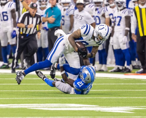 Indianapolis Colts wide receiver Keenan Allan (#10), is brought down to the turf by a Detroit Lions defender during the game on Aug. 29, 2026, at Lucas Oil Stadium, in downtown Indianapolis, Indiana. (Photo/Walt Thomas)
