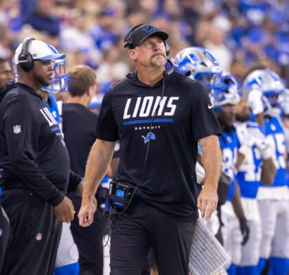 Detroit Lions head coach Dan Campbell watches the game intently from the sideline on Aug. 29, 2026, at Lucas Oil Stadium, in downtown Indianapolis, Indiana. (Photo/Walt Thomas)