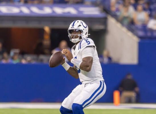 Indianapolis Colts quarterback Anthony Richardson (#5), drops back in the pocket to scan the field during action on Aug. 29, 2026, at Lucas Oil Stadium, in downtown Indianapolis, Indiana. (Photo/Walt Thomas)