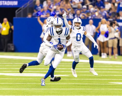 An Indianapolis Colts player carrying the football sprints down the field while teammates run alongside during action on Aug. 29, 2026, at Lucas Oil Stadium, in downtown Indianapolis, Indiana. (Photo/Walt Thomas)