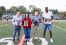 Recorder Rewind: Lawrence North defeats North Central 56-21 (Photos) Distinguished Alum Dr Scott Walker Ms Erin Sughrue Mr Ian McGinnis and Greg Oden. (Photo/David Dixon)