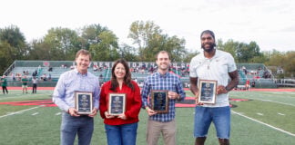 Distinguished Alum Dr Scott Walker Ms Erin Sughrue Mr Ian McGinnis and Greg Oden. (Photo/David Dixon)