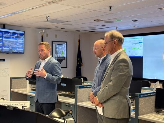 Gov. Mike Braun alongside Indiana Department of Homeland Security Executive Director Jonathan Whitham delivering updates on debris removal operations at the State Emergency Operations Center 302 West Washington St. on Sept. 23 (Photo provided/Governor’s office)