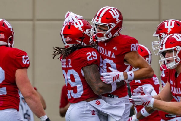 Indiana wide receiver Charlie Becker (80) celebrates a touchdown with running back Lee Beebe Jr. (29) during the first half an NCAA college football game against Howard, Saturday, Sept. 12, 2026, in Bloomington, Ind. (AP Photo/Doug McSchooler)