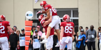 BLOOMINGTON, IN - SEPTEMBER 12: Indiana Hoosiers OL Carter Smith (65) lifts Indiana Hoosiers WR Charlie Becker (80) into the air while celebrating a touchdown during a college football game between the Howard Bison and Indiana Hoosiers on September 12, 2026 at Memorial Stadium in Bloomington, IN. (Photo by James Black/Icon Sportswire) (Icon Sportswire via AP Images)