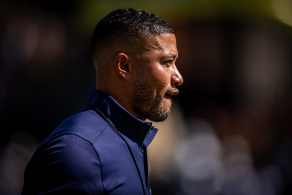 Notre Dame head coach Marcus Freeman gives a pre-game interview to a Peacock sideline reporter on Sept. 26, 2026, at Ross-Ade Stadium, in West Lafayette, Ind. (Photo/Josh Herd)