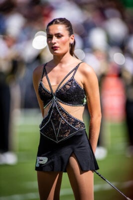 Lead twirler Ireland "Golden Girl" Jones, a Carmel High School graduate, during the game between Notre Dame and Purdue University, held on Sept. 26, 2026, in West Lafayette, Ind. (Photo/Josh Herd)