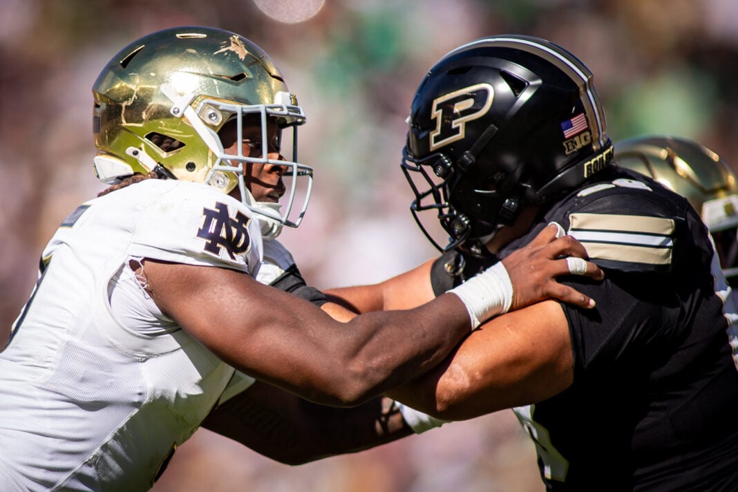Notre Dame defensive lineman Boubacar Traore (#5) engages with a Purdue Boilermakers offensive lineman at the line of scrimmage on Sept. 26, 2026, at Ross-Ade Stadium, in West Lafayette, Ind. (Photo/Josh Herd)