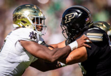 Notre Dame defensive lineman Boubacar Traore (#5) engages with a Purdue Boilermakers offensive lineman at the line of scrimmage on Sept. 26, 2026, at Ross-Ade Stadium, in West Lafayette, Ind. (Photo/Josh Herd)