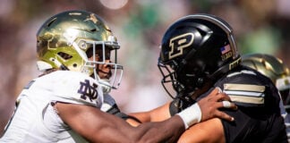 Notre Dame defensive lineman Boubacar Traore (#5) engages with a Purdue Boilermakers offensive lineman at the line of scrimmage on Sept. 26, 2026, at Ross-Ade Stadium, in West Lafayette, Ind. (Photo/Josh Herd)