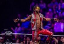 Isiah Kassidy, also known as Zay, poses for the crowd in his signature red and gold entrance gear during AEW Dynamite on Sept. 23, 2026, at the Fishers Event Center, in Fishers, Ind. (Photo/Josh Herd)