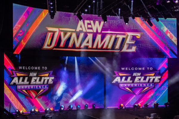 The All Elite Wrestling titantron and stage are brightly illuminated to welcome fans to AEW Dynamite on Sept. 23, 2026, at the Fishers Event Center, in Fishers, Ind. (Photo/Josh Herd)