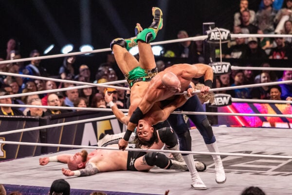 Claudio Castagnoli executes a powerful slam on Kyle Fletcher while another competitor lies on the mat during AEW Dynamite on Sept. 23, 2026, at the Fishers Event Center, in Fishers, Ind. (Photo/Josh Herd)