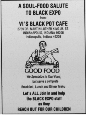 Ad advertisment for Vi's Black Pot in the July 8, 1988 edition of the Indianapolis Recorder Newspaper. (Photo via archives)