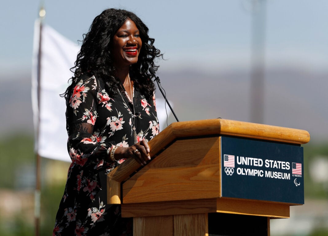 benita fitzgerald mosley FILE - Benita Fitzgerald Mosley, a U.S. Olympic gold medalist, speaks during a ceremonial groundbreaking for a new Olympic museum, June 9, 2017, in Colorado Springs, Colo. (AP Photo/David Zalubowski, File)