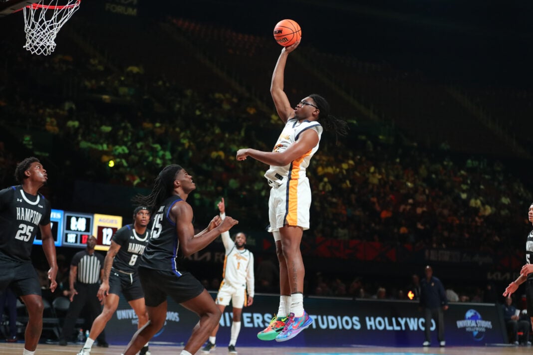 INGLEWOOD, CA - FEBRUARY 13: North Carolina A&T Aggies forward KJ Debrick (32) shoots during the NBA HBCU Classic between the Hampton Pirates and the North Carolina A&T Aggies on February 13, 2026, at the Kia Forum in Inglewood, CA. (Photo by Jevone Moore/Icon Sportswire) (Icon Sportswire via AP Images)