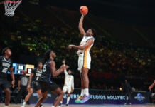 INGLEWOOD, CA - FEBRUARY 13: North Carolina A&T Aggies forward KJ Debrick (32) shoots during the NBA HBCU Classic between the Hampton Pirates and the North Carolina A&T Aggies on February 13, 2026, at the Kia Forum in Inglewood, CA. (Photo by Jevone Moore/Icon Sportswire) (Icon Sportswire via AP Images)