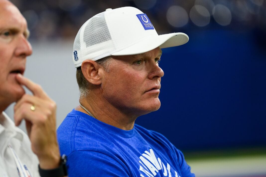 Indianapolis Colts general manager Chris Ballard on the sidelines during an NFL preseason football game against the Atlanta Falcons in Indianapolis, Saturday, Aug. 22, 2026. (AP Photo/Zach Bolinger)