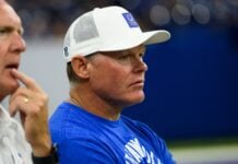 Indianapolis Colts general manager Chris Ballard on the sidelines during an NFL preseason football game against the Atlanta Falcons in Indianapolis, Saturday, Aug. 22, 2026. (AP Photo/Zach Bolinger)