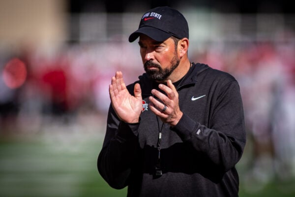 Ohio State head coach Ryan Day applauds his team from the sideline on Oct. 17, 2026, at Memorial Stadium, in Bloomington, Ind. (Photo/Josh Herd)