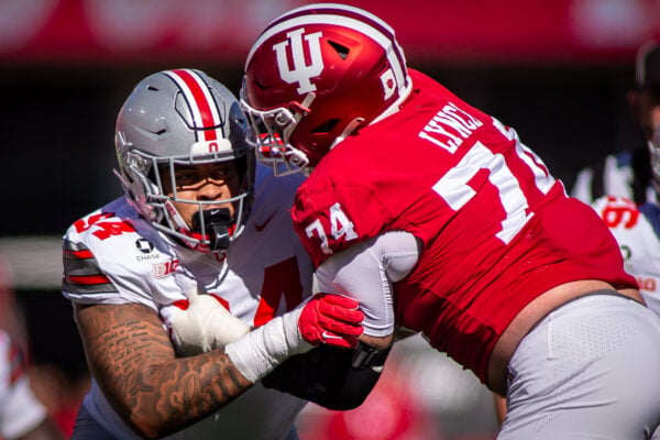 Indiana offensive guard Bray Lynch (#74) locks up at the line of scrimmage against Ohio State on Oct. 17, 2026, at Memorial Stadium, in Bloomington, Ind. (Photo/Josh Herd)
